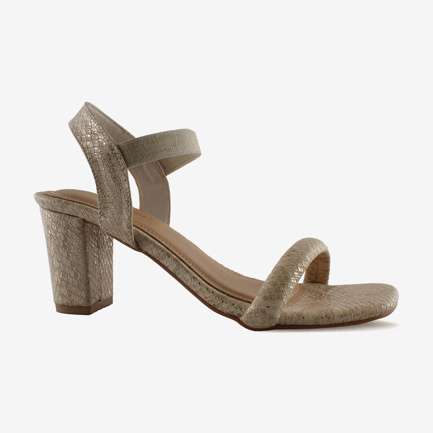 Shiny Cream Partywear Snake Print Block Heel Sandal - Schick a Walk