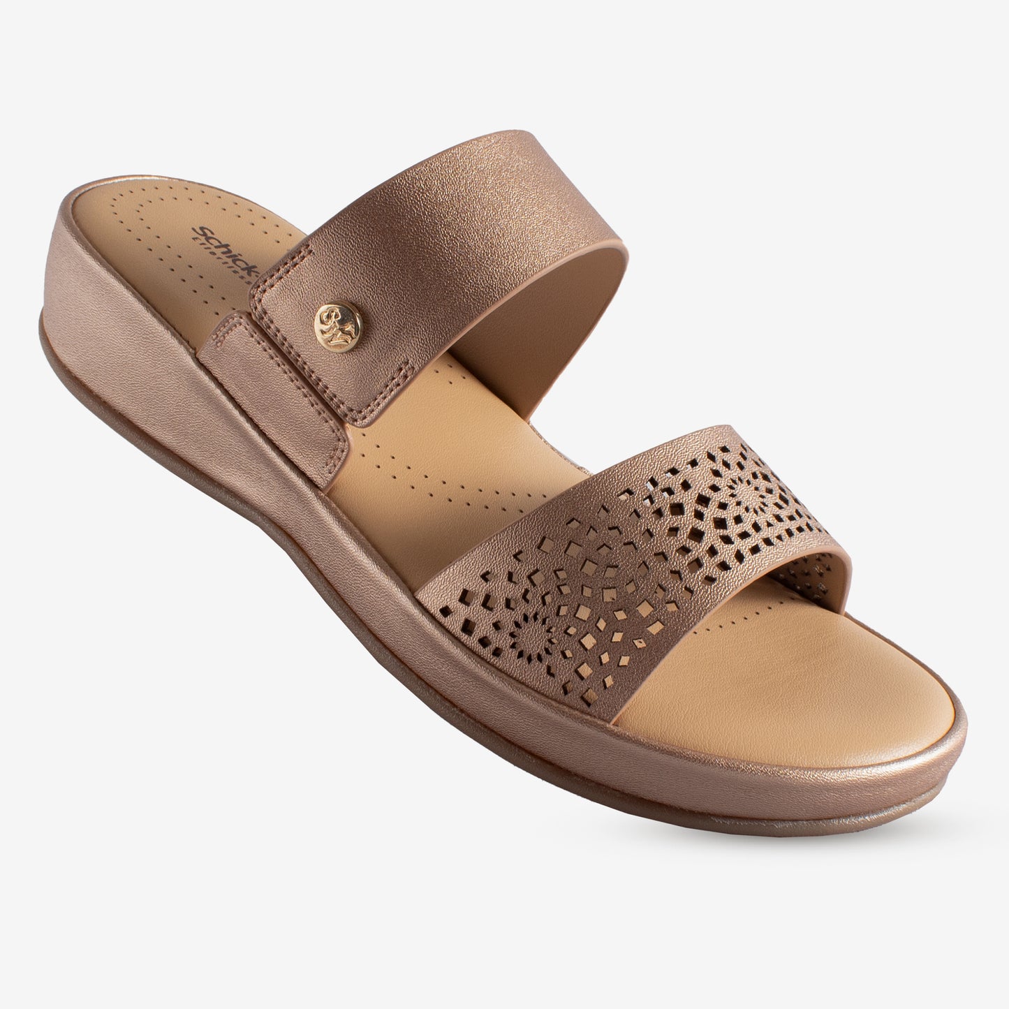 Schick a Walk Laser Cut Rose Gold Wedge Heel Slide Sandal For Women