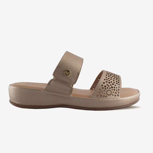 Schick a Walk Metallic Gold Laser cut Ethnic Wedge Heel Mule Sandal For Women