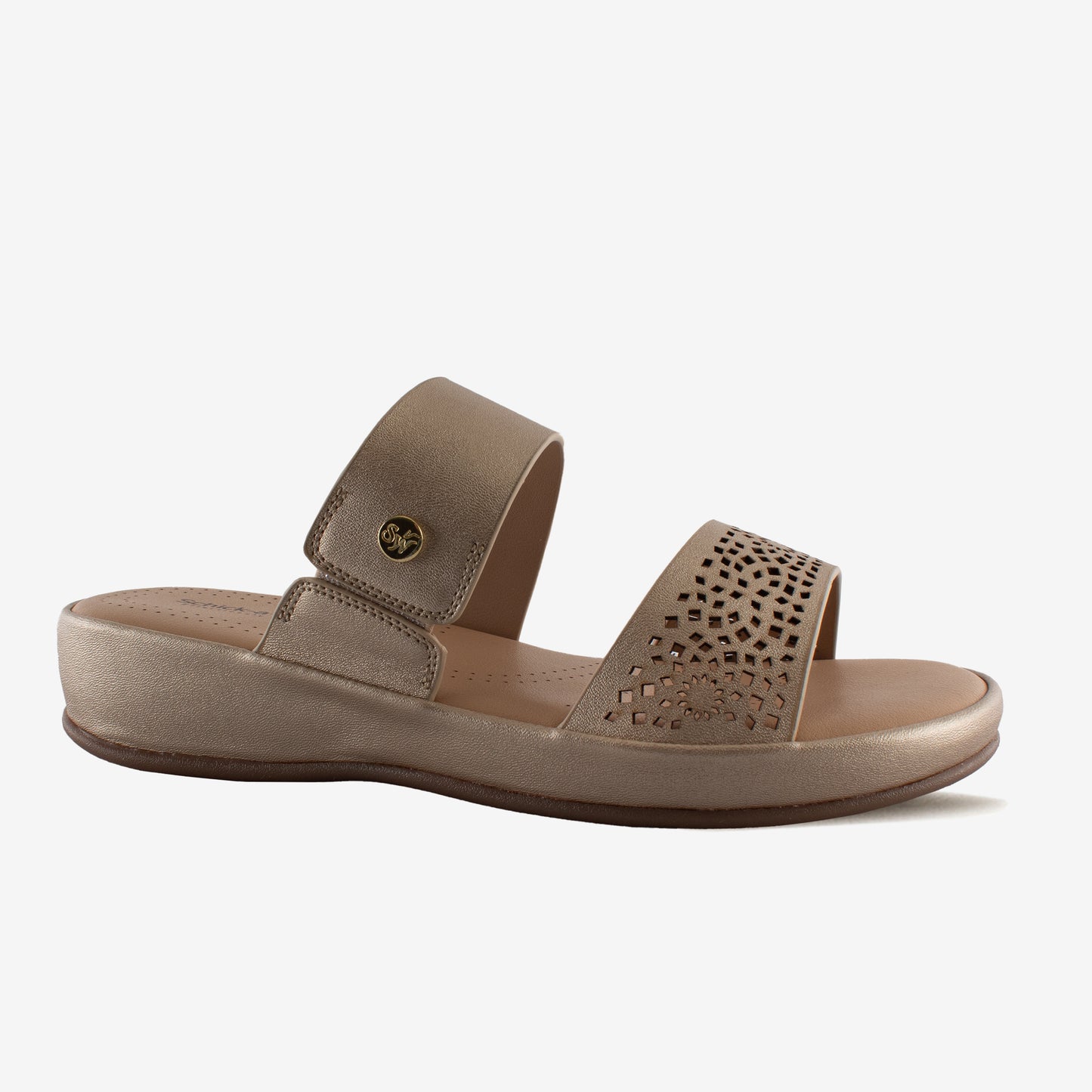 Schick a Walk Metallic Gold Laser cut Ethnic Wedge Heel Mule Sandal For Women