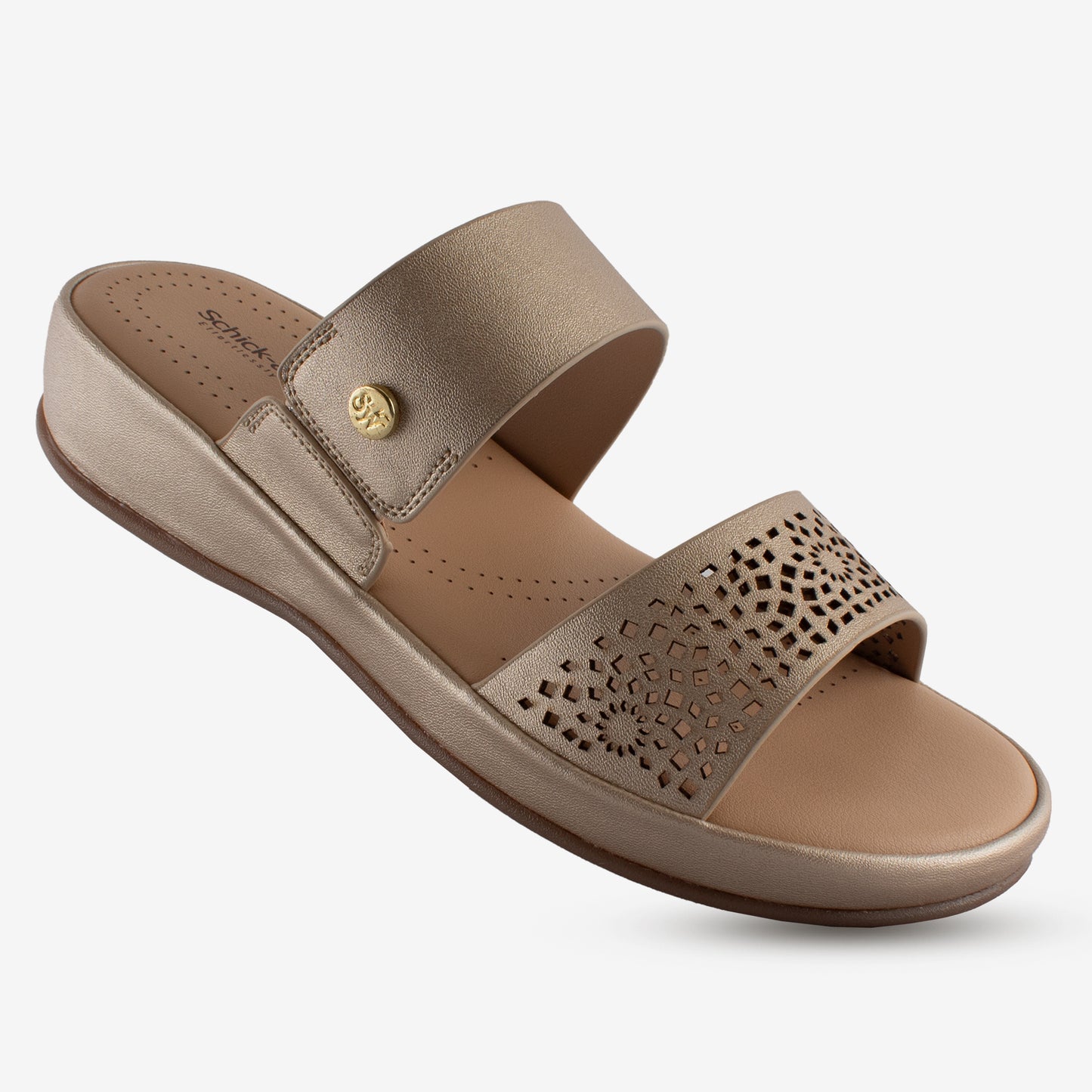 Schick a Walk Metallic Gold Laser cut Ethnic Wedge Heel Mule Sandal For Women