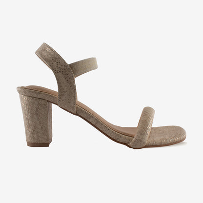 Shiny Cream Partywear Snake Print Block Heel Sandal - Schick a Walk