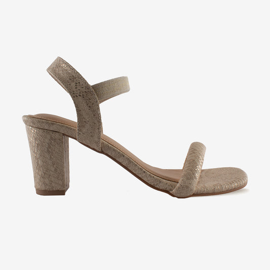 Shiny Cream Partywear Snake Print Block Heel Sandal - Schick a Walk