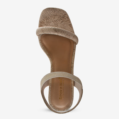 Shiny Cream Partywear Snake Print Block Heel Sandal - Schick a Walk