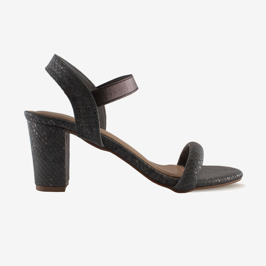 Grey Partywear Snake Print Block Heel Sandal - Schick a Walk