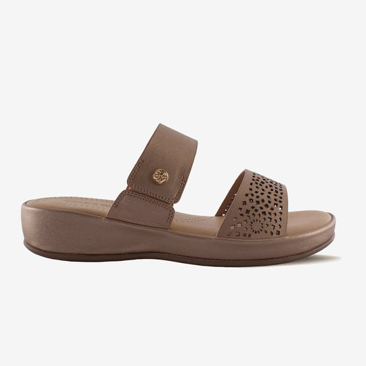 Schick a Walk Laser Cut Rose Gold Wedge Heel Slide Sandal For Women