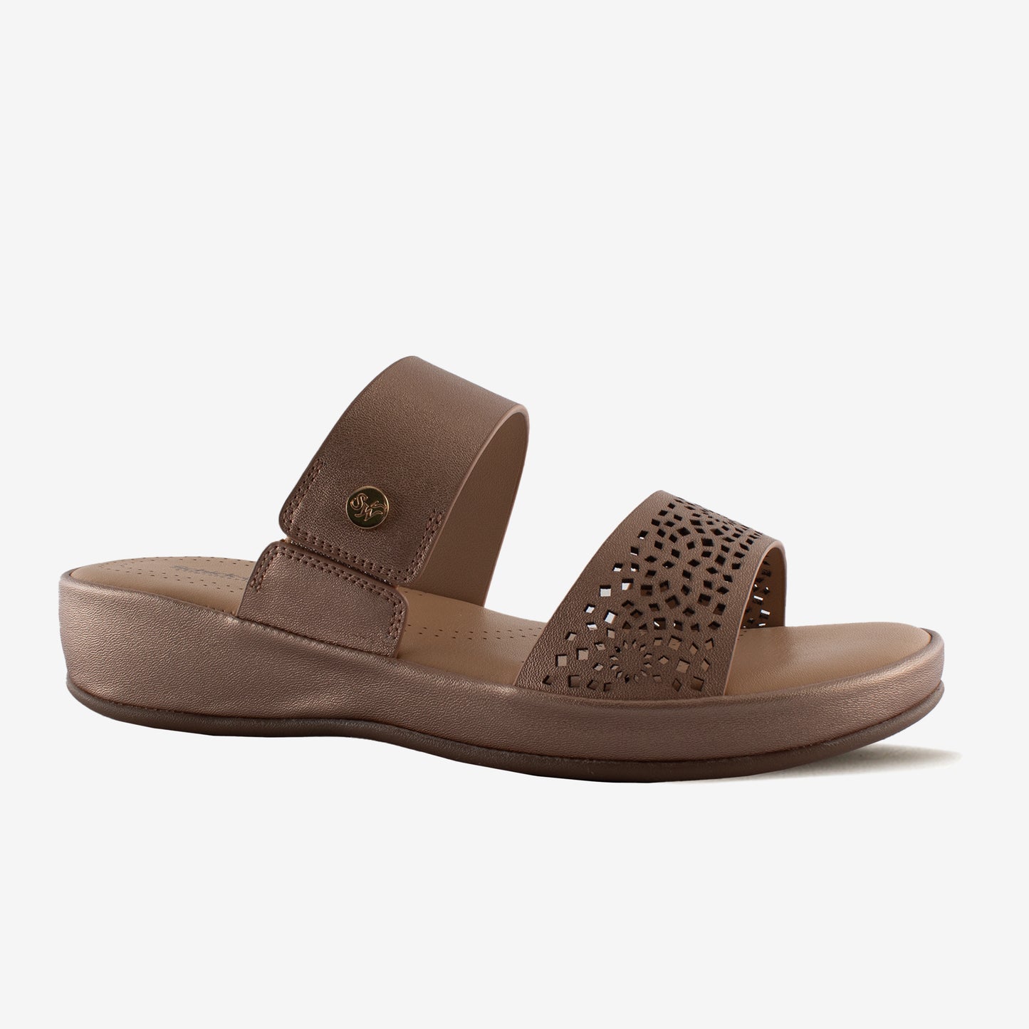 Schick a Walk Laser Cut Rose Gold Wedge Heel Slide Sandal For Women
